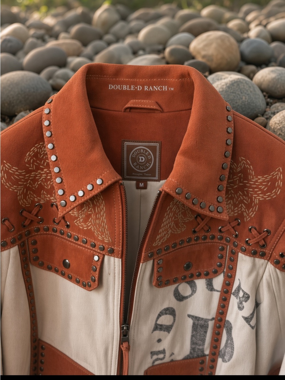 Double D Ranchwear Rollin Rawhide motorcycle Leather Jacket studs lacing cowboy - Picture 11 of 13